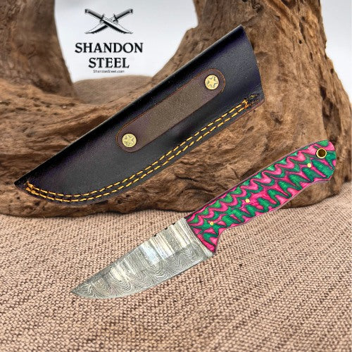 Damascus Steel Clip Point Hunting Knife Pink & Green Wood Handle Leather Sheath