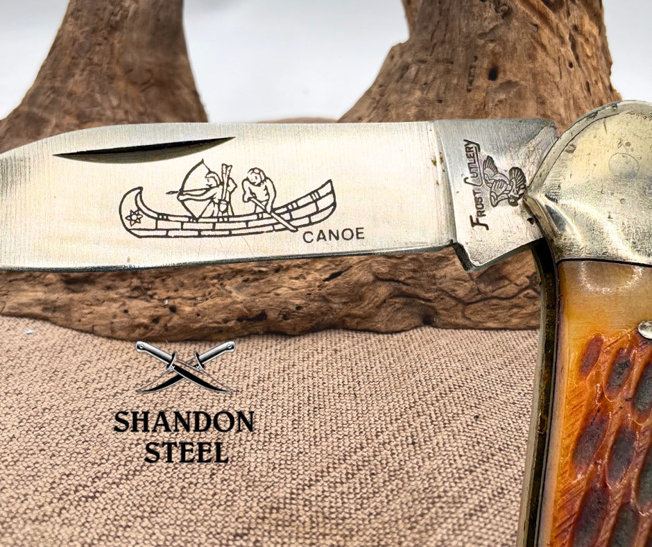 Frost Cutlery Canoe Jigged Bone Handle Pocket Knife With Canoe Etched Blade (59)