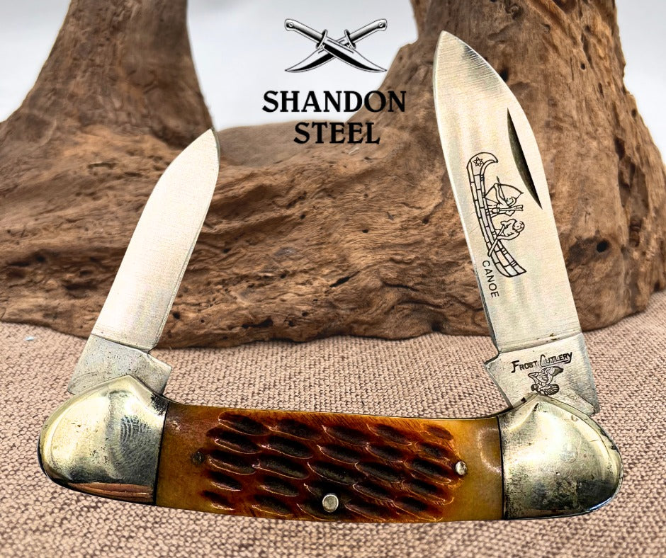 Frost Cutlery Canoe Jigged Bone Handle Pocket Knife With Canoe Etched Blade (59)