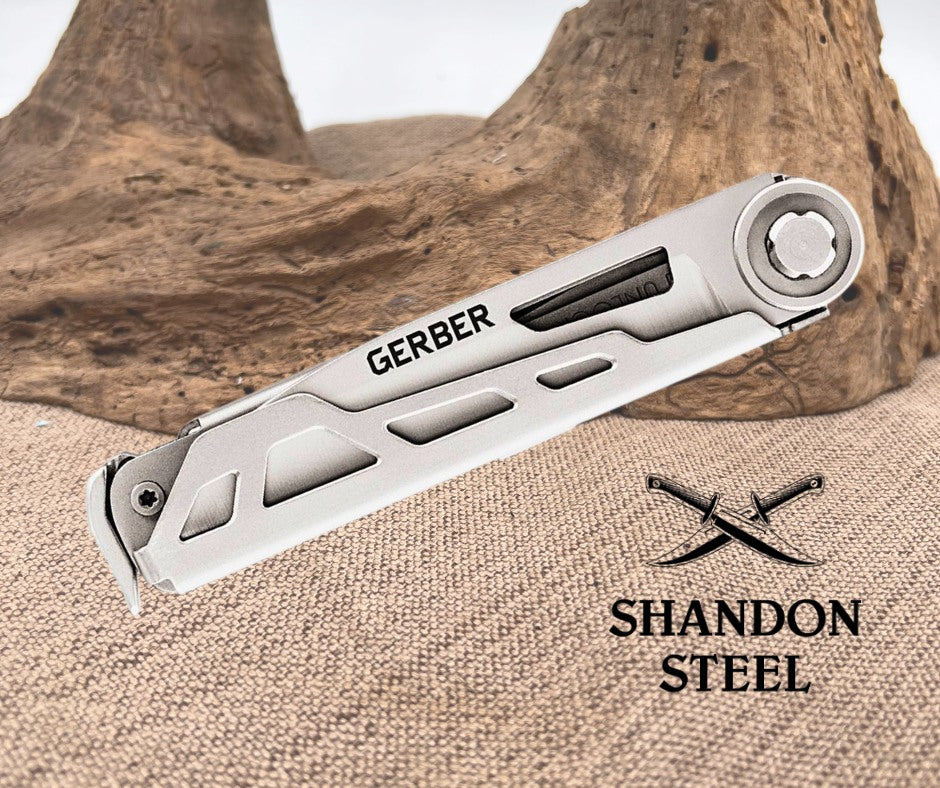 Gerber multi-tool on a textured surface with 'Shandon Steel' branding.