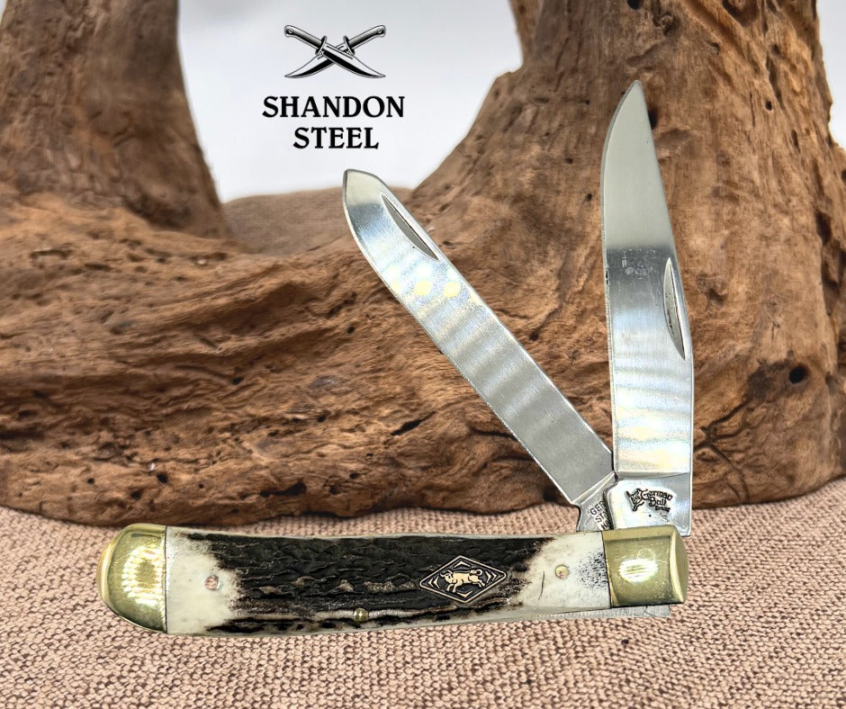 GERMAN BULL BRAND CUTLERY 4"  STAG TRAPPER 2 BLADE FOLDING POCKET KNIFE (124)