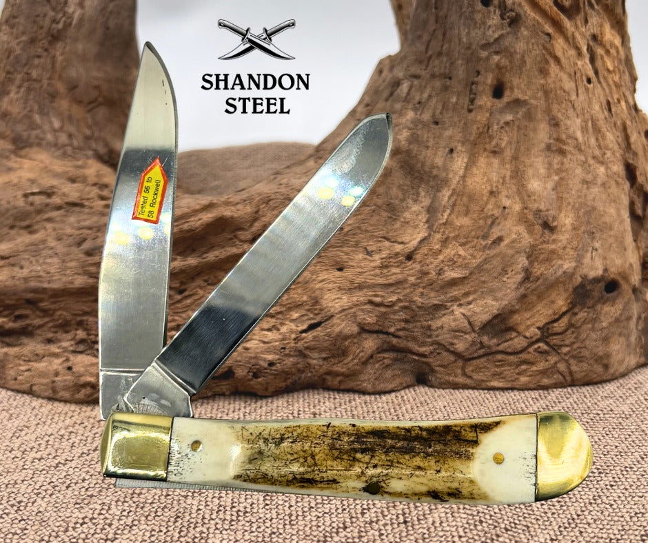 GERMAN BULL BRAND CUTLERY 4"  STAG TRAPPER 2 BLADE FOLDING POCKET KNIFE (124)