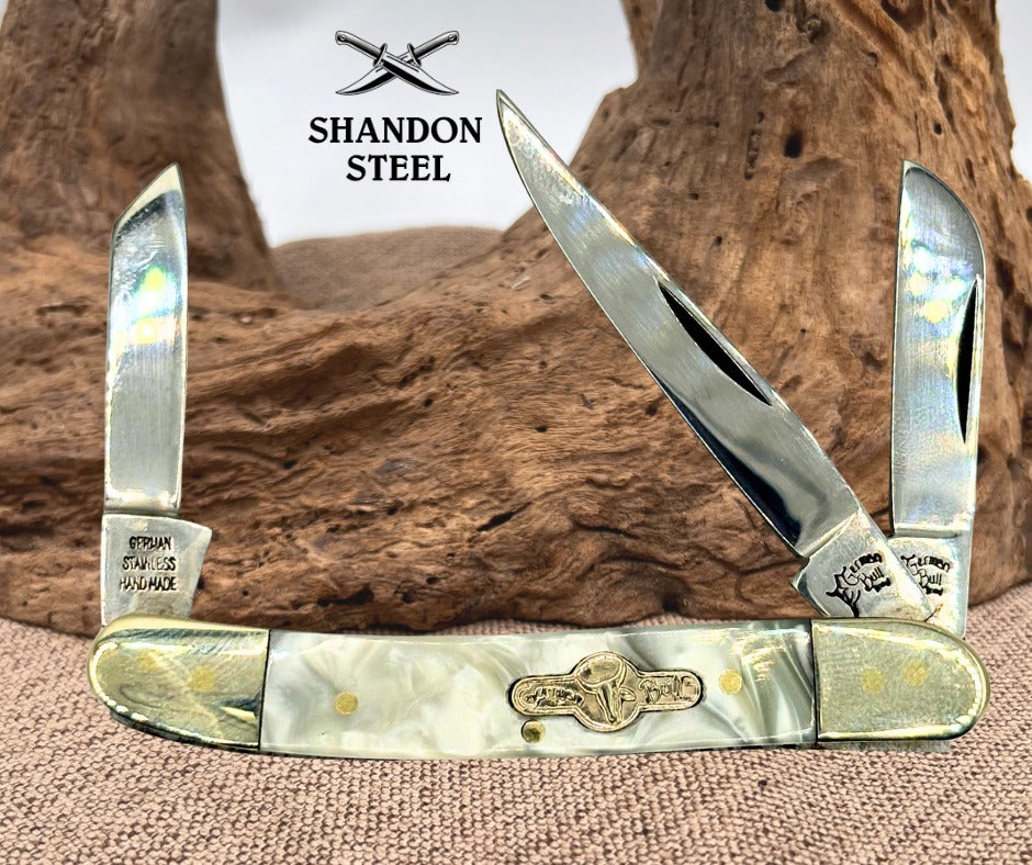 GERMAN BULL BRAND Faux Pearl Cracked Ice 3 Blade Stockman Pocket Knife (160)