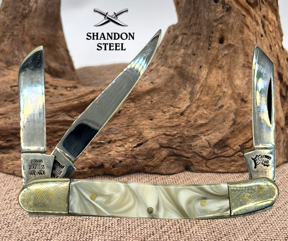 GERMAN BULL BRAND Faux Pearl Cracked Ice 3 Blade Stockman Pocket Knife (160)