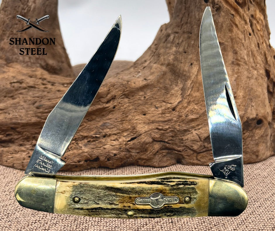 GERMAN BULL LARGE STAG MUSKRAT 2 BLADE TRADITIONAL FOLDING POCKET KNIFE (27)