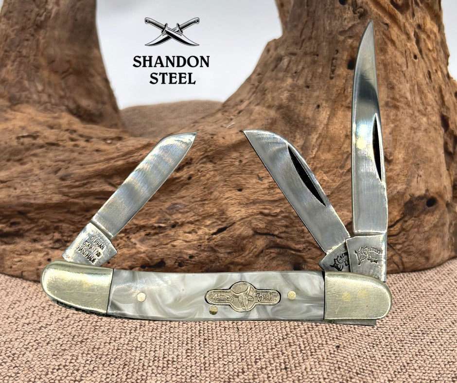 GERMAN BULL BRAND Faux Pearl Cracked Ice 3 Blade Stockman Pocket Knife (1)