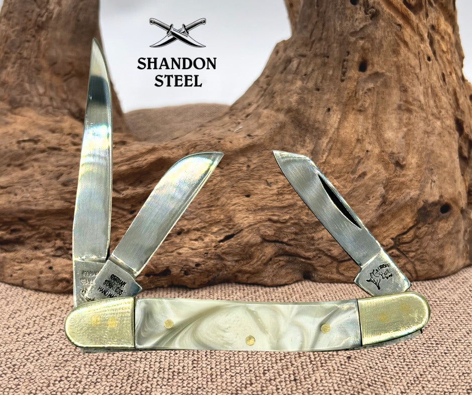 GERMAN BULL BRAND Faux Pearl Cracked Ice 3 Blade Stockman Pocket Knife (1)
