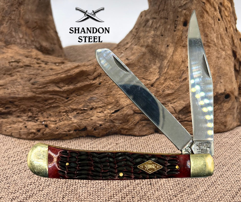 German Bull Trapper GB-010RPB Pocket Knife 2 Blades Red Pick Bone Handle (58)