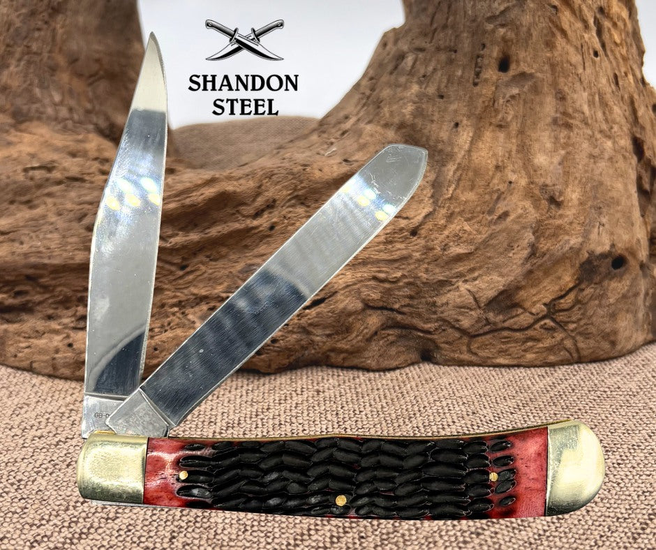 German Bull Trapper GB-010RPB Pocket Knife 2 Blades Red Pick Bone Handle (58)