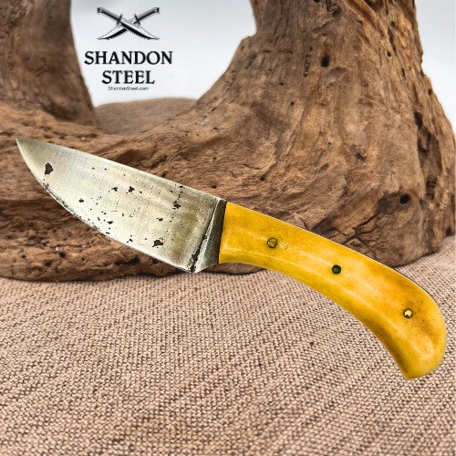 Custom Made Natural Bone Handled Drop Point Carbon Knife w Leather Sheath (11)