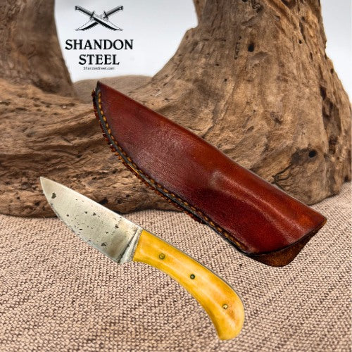 Custom Made Natural Bone Handled Drop Point Carbon Knife w Leather Sheath (11)