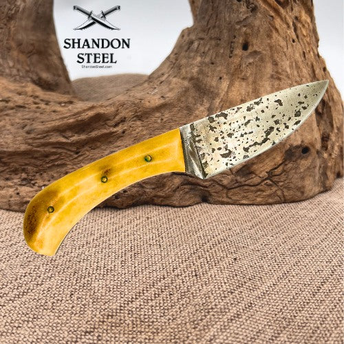 Custom Made Natural Bone Handled Drop Point Carbon Knife w Leather Sheath (11)