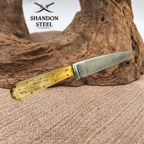 Custom Made Stag Handled Drop Point Carbon Knife w Leather Neck Sheath (12)