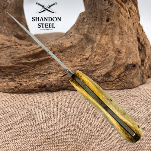 Custom Made Stag Handled Drop Point Carbon Knife w Leather Neck Sheath (12)