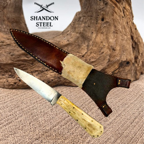 Custom Made Stag Handled Drop Point Carbon Knife w Leather Neck Sheath (12)