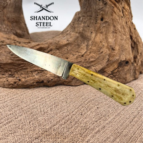 Custom Made Stag Handled Drop Point Carbon Knife w Leather Neck Sheath (12)
