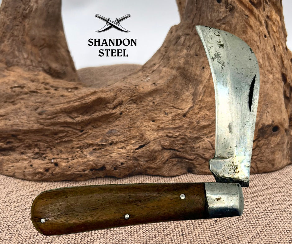 Vintage Hawk Bill/Pruner Carbon Steel Folding Pocket Knife Wooden Handle - (04)