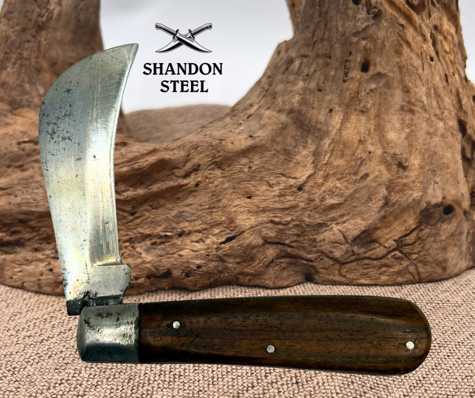 Vintage Hawk Bill/Pruner Carbon Steel Folding Pocket Knife Wooden Handle - (04)
