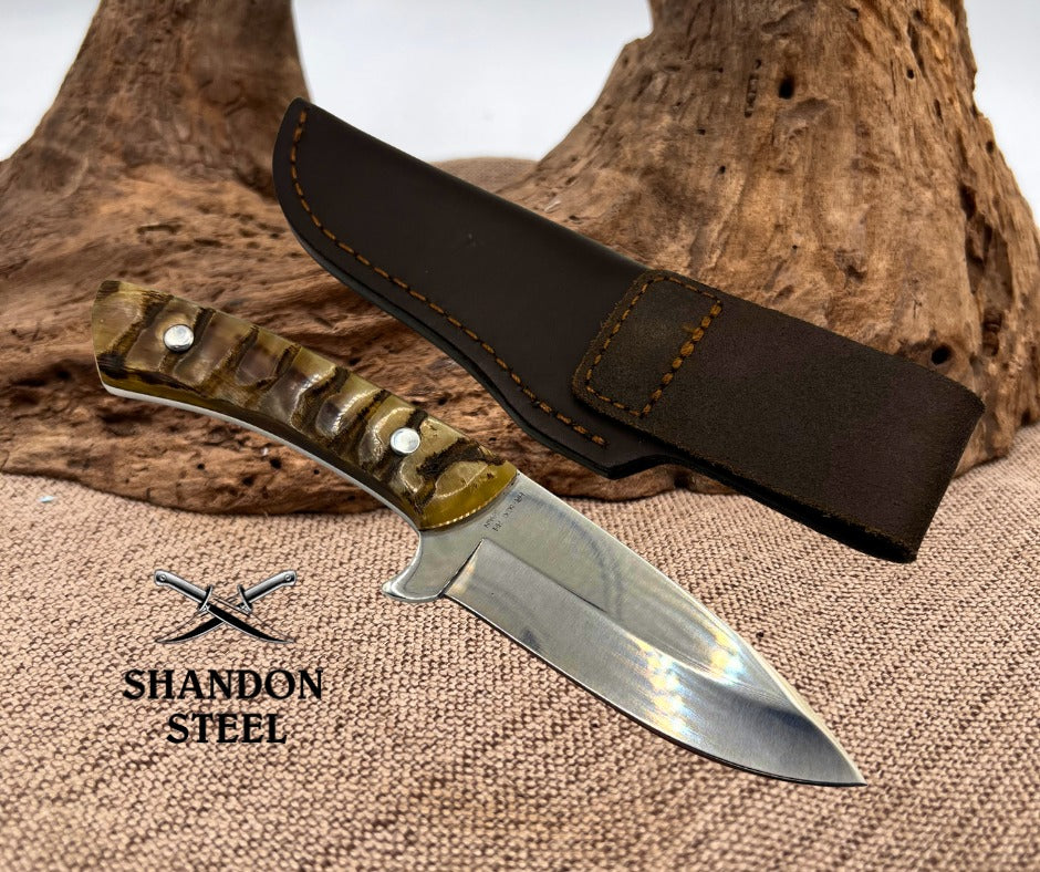Hen & Rooster HR5030 Fixed Blade Ram Horn Hunting Knife Stainless w/ Sheath (02)