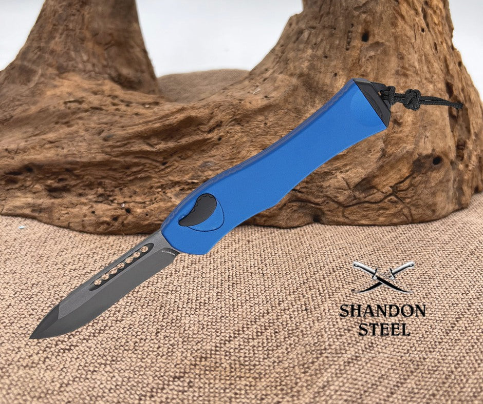 Heretic Knives Hydra V4 Tactical Single-Action OTF AUTO 3.625" CPM-MagnaCut Black DLC Recurve Blade, Blue Aluminum Handles - H408-6A-BLU