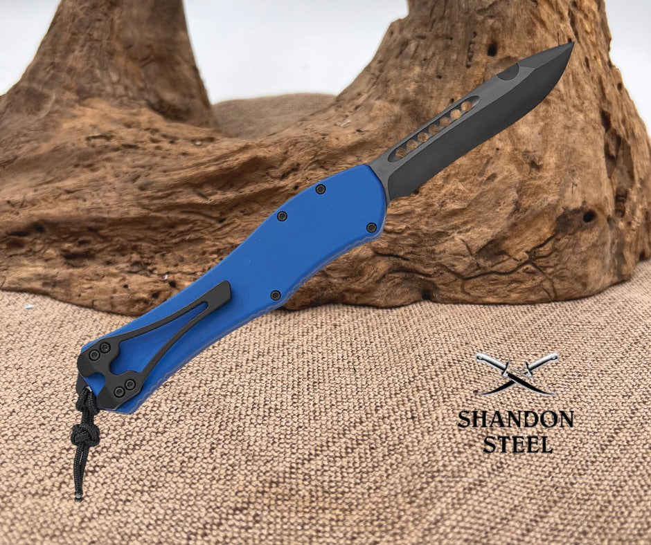 Heretic Knives Hydra V4 Tactical Single-Action OTF AUTO 3.625" CPM-MagnaCut Black DLC Recurve Blade, Blue Aluminum Handles - H408-6A-BLU