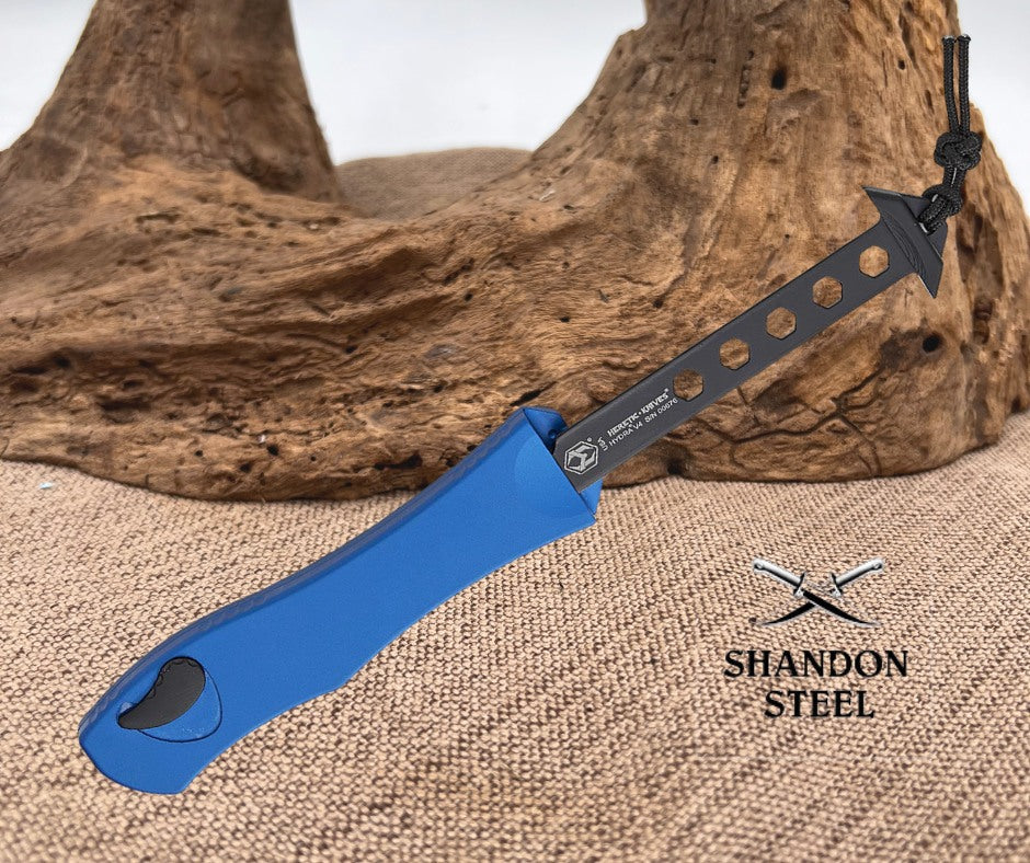 Heretic Knives Hydra V4 Tactical Single-Action OTF AUTO 3.625" CPM-MagnaCut Black DLC Recurve Blade, Blue Aluminum Handles - H408-6A-BLU