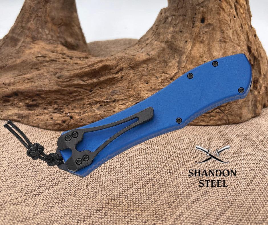 Heretic Knives Hydra V4 Tactical Single-Action OTF AUTO 3.625" CPM-MagnaCut Black DLC Recurve Blade, Blue Aluminum Handles - H408-6A-BLU