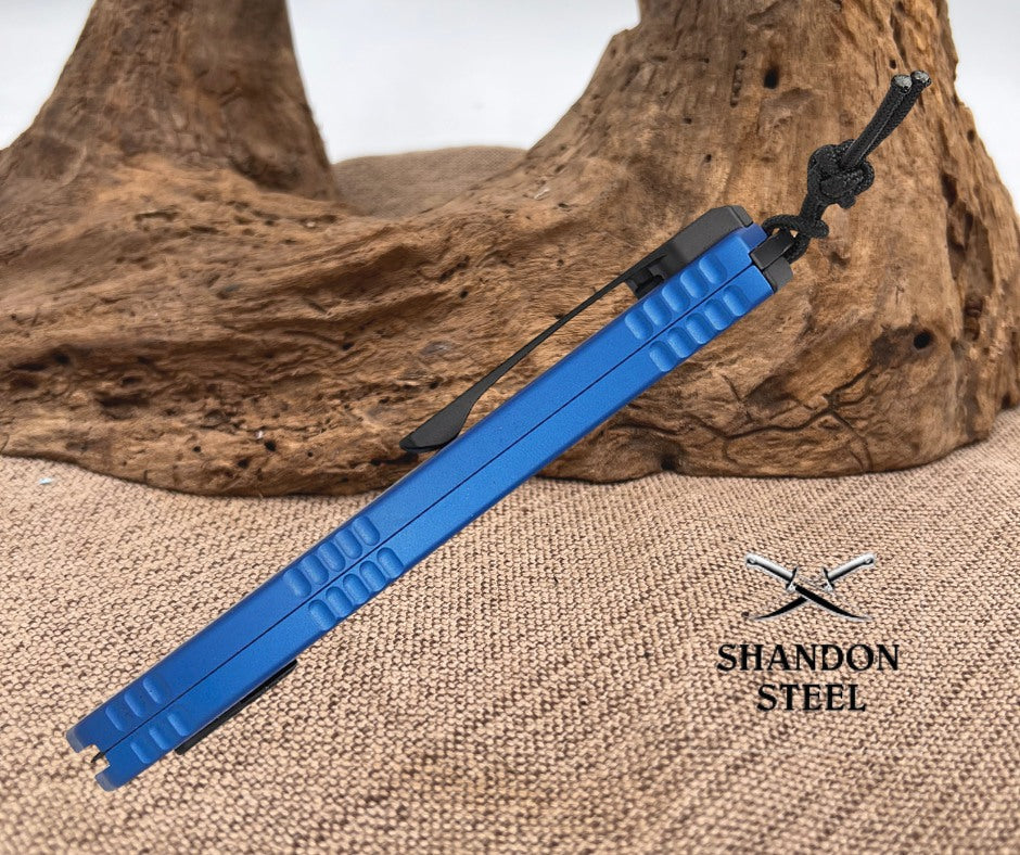 Heretic Knives Hydra V4 Tactical Single-Action OTF AUTO 3.625" CPM-MagnaCut Black DLC Recurve Blade, Blue Aluminum Handles - H408-6A-BLU