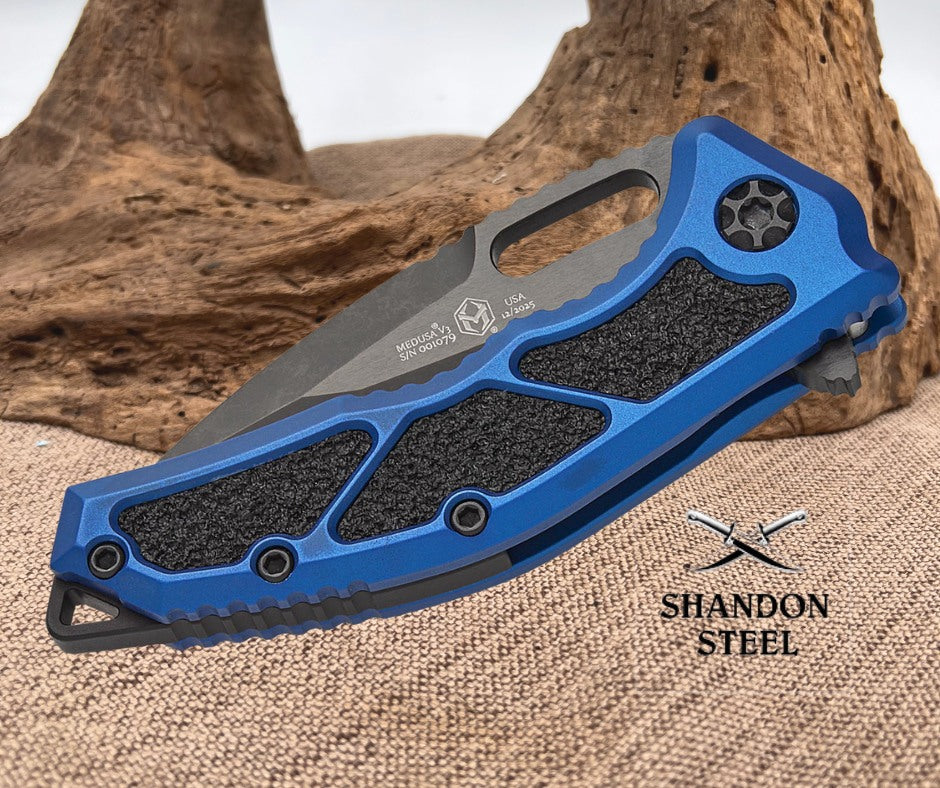 Heretic Knives Medusa Manual Frame Lock Flipper Knife 3.05" CPM-MagnaCut Black DLC Tanto Blade, Blue Aluminum Handles with Black Traction Inlays - H009-6A-BLU