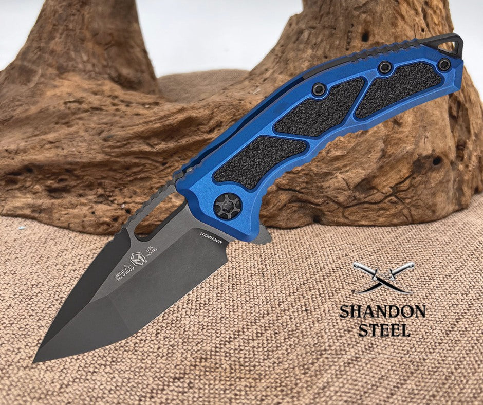 Heretic Knives Medusa Manual Frame Lock Flipper Knife 3.05" CPM-MagnaCut Black DLC Tanto Blade, Blue Aluminum Handles with Black Traction Inlays - H009-6A-BLU
