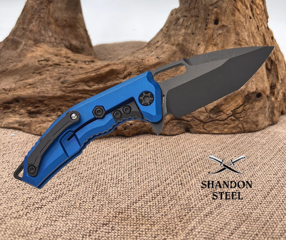 Heretic Knives Medusa Manual Frame Lock Flipper Knife 3.05" CPM-MagnaCut Black DLC Tanto Blade, Blue Aluminum Handles with Black Traction Inlays - H009-6A-BLU