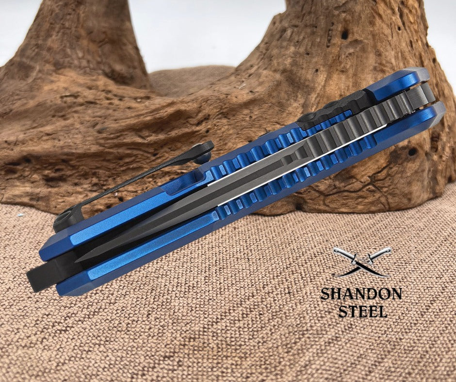 Heretic Knives Medusa Manual Frame Lock Flipper Knife 3.05" CPM-MagnaCut Black DLC Tanto Blade, Blue Aluminum Handles with Black Traction Inlays - H009-6A-BLU