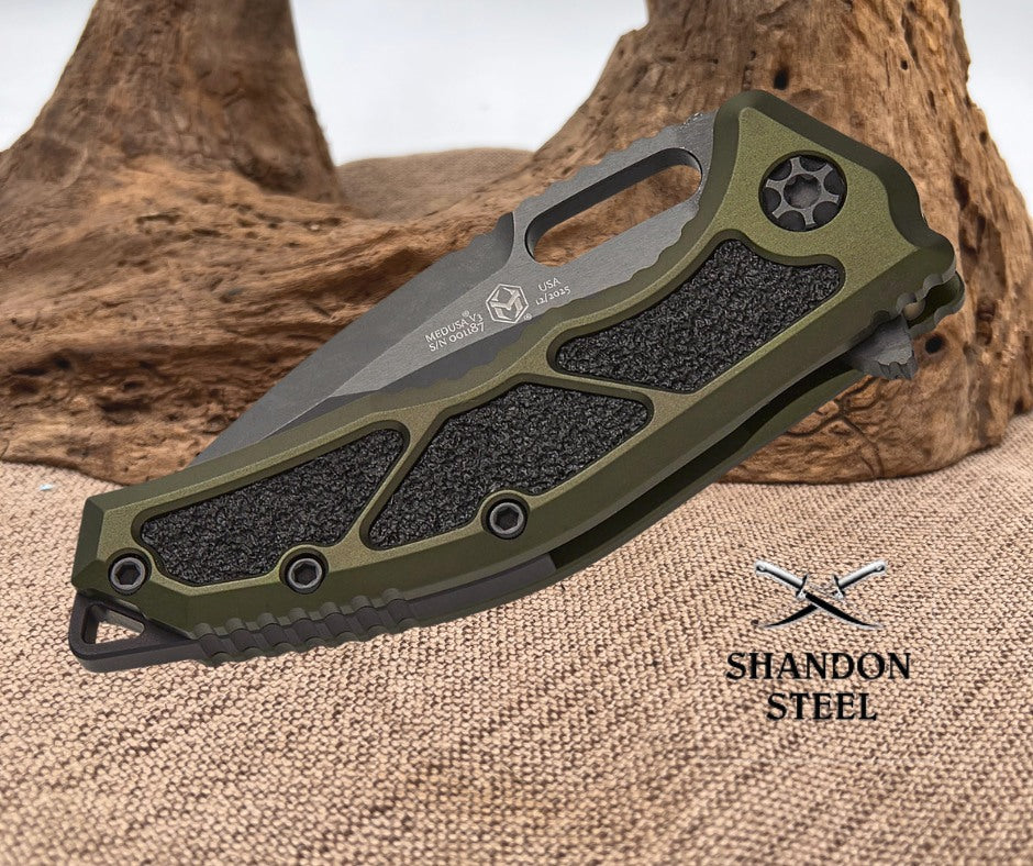 Heretic Knives Medusa Manual Frame Lock Flipper Knife 3.05" CPM-MagnaCut Black DLC Tanto Blade, Green Aluminum Handles with Black Traction Inlays - H009-6A-GRN