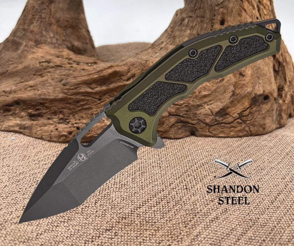 Heretic Knives Medusa Manual Frame Lock Flipper Knife 3.05" CPM-MagnaCut Black DLC Tanto Blade, Green Aluminum Handles with Black Traction Inlays - H009-6A-GRN