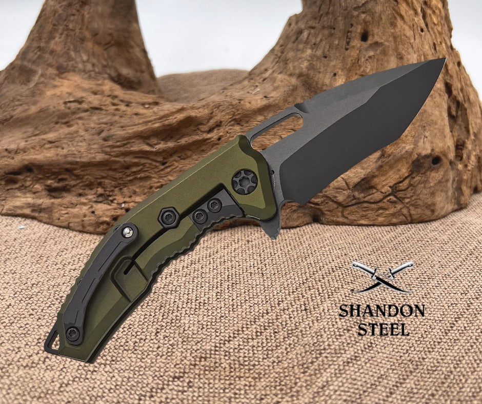 Heretic Knives Medusa Manual Frame Lock Flipper Knife 3.05" CPM-MagnaCut Black DLC Tanto Blade, Green Aluminum Handles with Black Traction Inlays - H009-6A-GRN