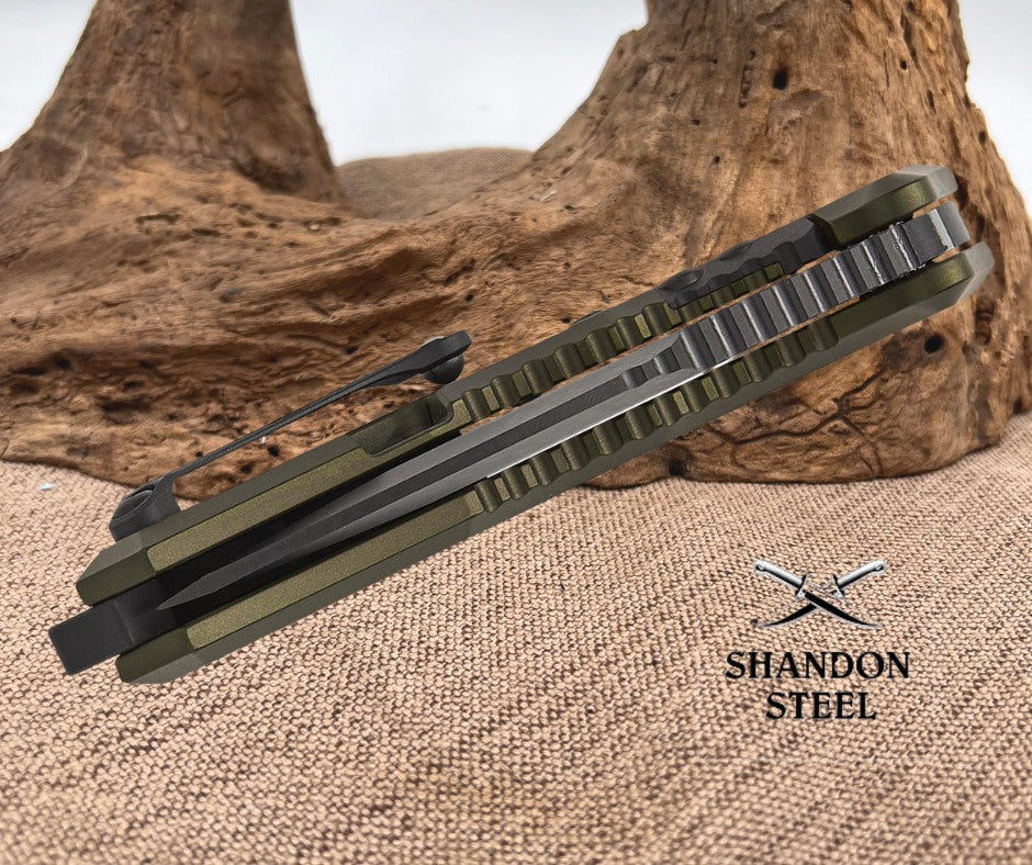 Heretic Knives Medusa Manual Frame Lock Flipper Knife 3.05" CPM-MagnaCut Black DLC Tanto Blade, Green Aluminum Handles with Black Traction Inlays - H009-6A-GRN