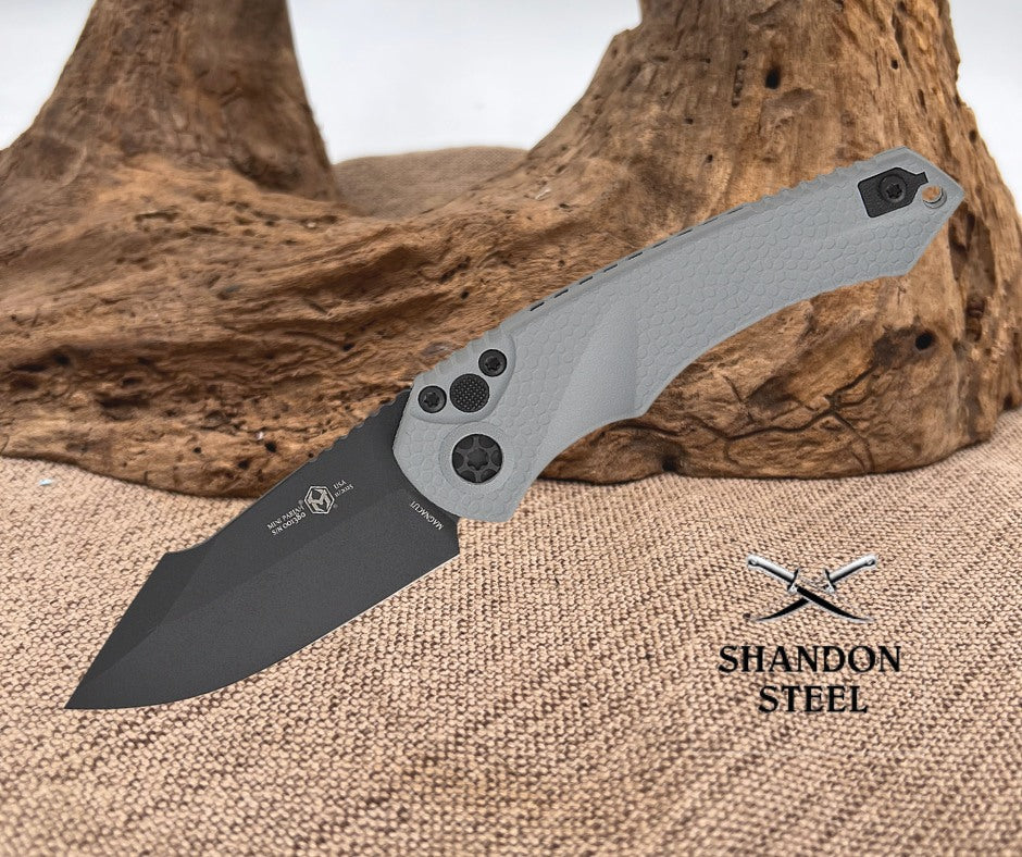 Heretic Knives Mini Pariah AUTO Folding Knife 3.375" CPM-MagnaCut Black Cerakote Harpoon Blade, Gray Gator Grip Polymer Handles, Reversible Clip - H054-4A-GRY