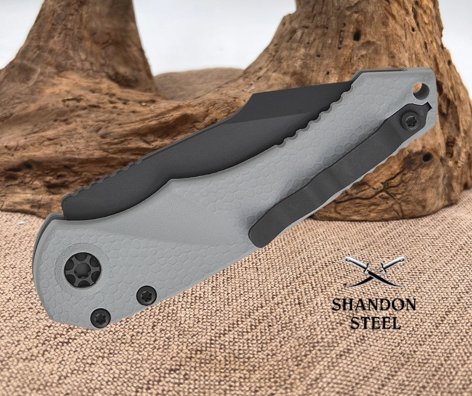 Heretic Knives Mini Pariah AUTO Folding Knife 3.375" CPM-MagnaCut Black Cerakote Harpoon Blade, Gray Gator Grip Polymer Handles, Reversible Clip - H054-4A-GRY