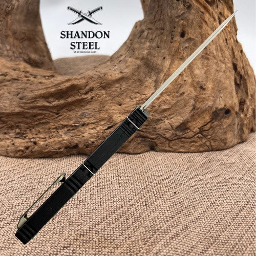 Heretic Knives NYX Tanto H015-2A – Stonewashed Blade – Black Chassis – OTF Automatic Knife