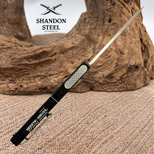 Heretic Knives NYX Tanto H015-2A – Stonewashed Blade – Black Chassis – OTF Automatic Knife