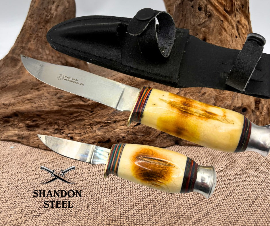 Bone Two Piece 8.5" & 5.25"  Hunting Knife Set with Leather Sheath RA-1012-A