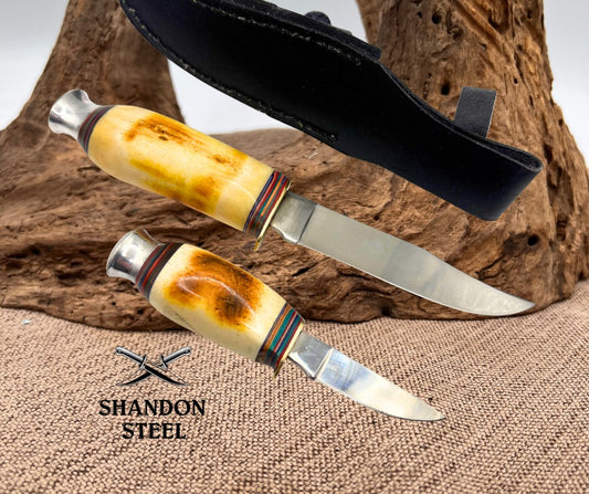 Bone Two Piece 8.5" & 5.25"  Hunting Knife Set with Leather Sheath RA-1012-A