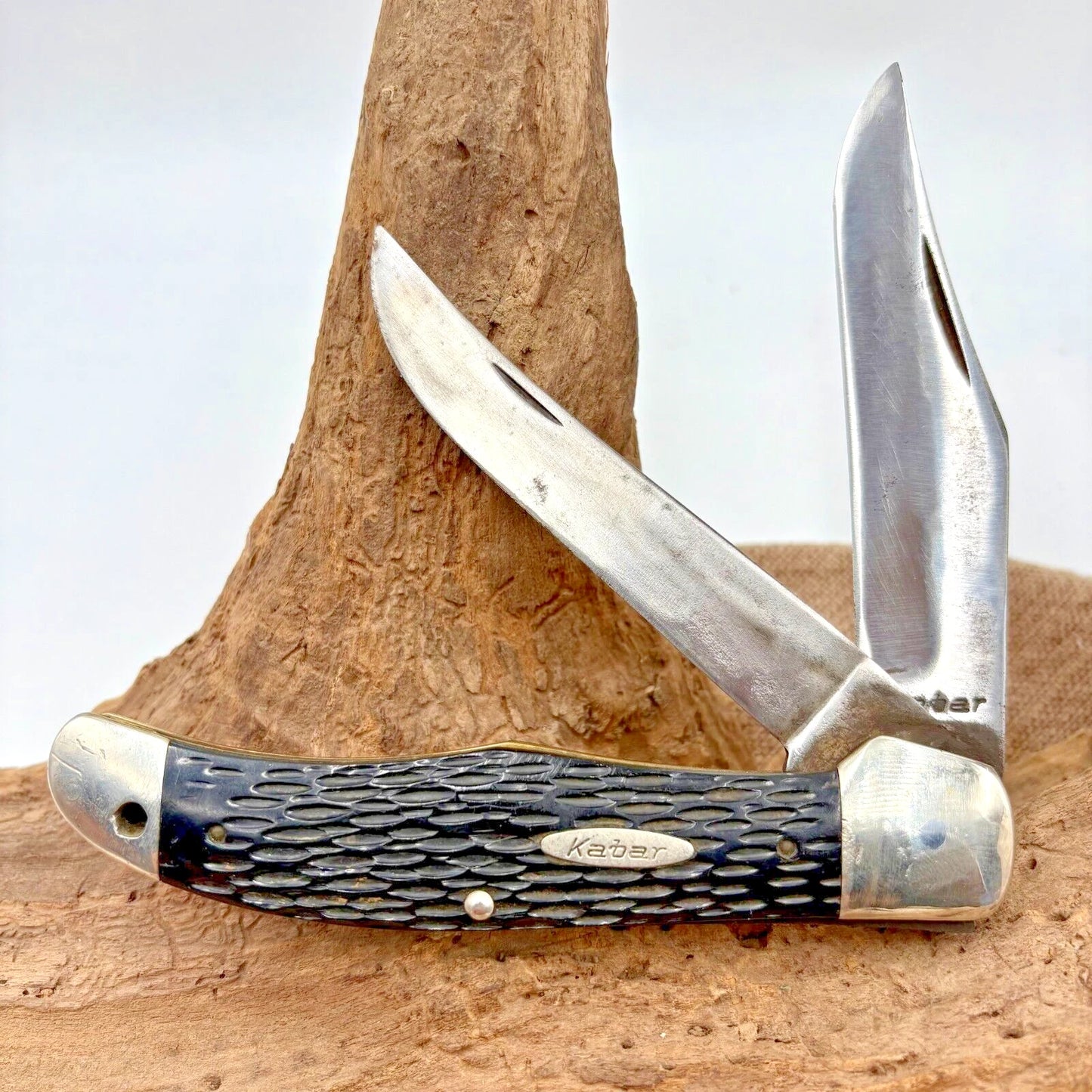 Vintage Ka-Bar 2 Blade Folding Hunter Knife Black Composite Handles (178)