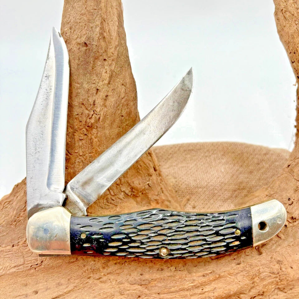 Vintage Ka-Bar 2 Blade Folding Hunter Knife Black Composite Handles (178)