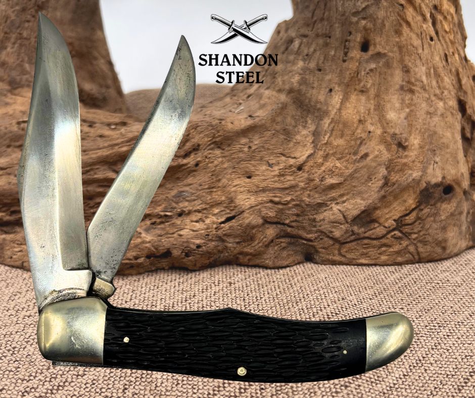 KABAR USA Two Blade Folding Hunter Knife Jigged Black Handles Vintage (100)