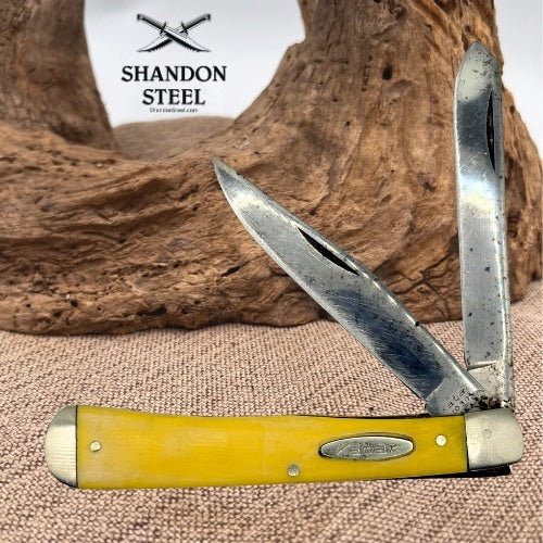 KABAR OLEAN NY USA YELLOW DELRIN TRAPPER 2 BLADE FOLDING POCKET KNIFE (130)
