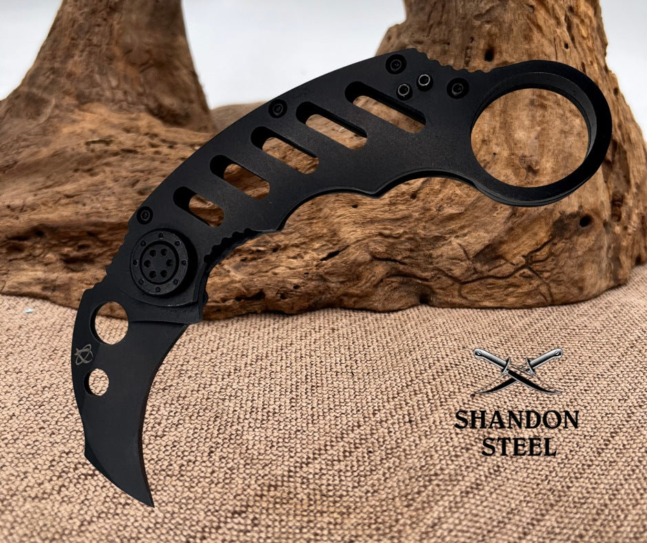 Mantis Midnight Folding Karambit  Hemispherical Blade Steel Handles Black (50)