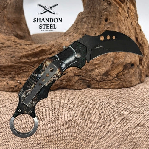 Skull Auto Karambit Folding Pocket Knife SK005