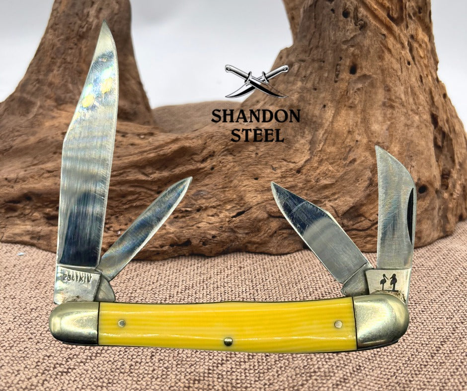 Kissing Crane Cutlery Yellow 4 Blade Whittler Pocket Knife 3.75”  Closed  (149)