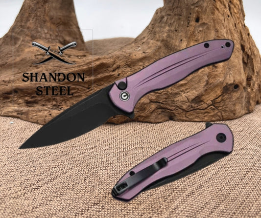 CIVIVI Button Lock Kitefin Flipper Knife Purple Aluminum Handle (3.22" Black Stonewashed 14C28N Blade) C24091-3
